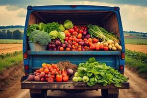 AI generated Old truck with an autumn harvest of vegetables and herbs on a plantation - a harvest festival, a roadside market selling natural eco-friendly farm products. AI generated photo