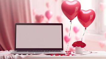 AI generated Laptop a white screen mock up on a table with a Valentine's day decor with heart-shaped balloons, petals and a bouquet of flowers. Online greetings, festive remote work, shopping. photo