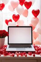 AI generated Laptop a white screen mock up on a table with a Valentine's day decor with heart-shaped balloons, petals and a bouquet of flowers. Online greetings, festive remote work, shopping. photo