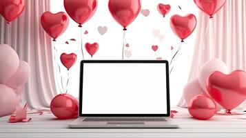 AI generated Laptop a white screen mock up on a table with a Valentine's day decor with heart-shaped balloons, petals and a bouquet of flowers. Online greetings, festive remote work, shopping. photo