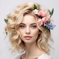 AI generated A young blonde woman with a hairstyle of spring flowers in her hair on a white solid background. Feminine beauty portrait, makeup, hairstyle, stylist, feminine energy. AI generated photo