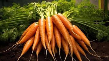 AI generated A ripe harvest of orange carrots in the garden with a ray of sunshine is the autumn harvest of a natural eco-friendly product from your garden. AI generated photo