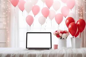 AI generated Laptop a white screen mock up on a table with a Valentine's day decor with heart-shaped balloons, petals and a bouquet of flowers. Online greetings, festive remote work, shopping. photo
