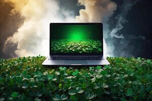 AI generated Laptop with a green clover on the monitor in a magical decor for St. Patrick's Day. Seasonal remote work, internet, a holiday card, shopping, Luck, green house. AI generated photo