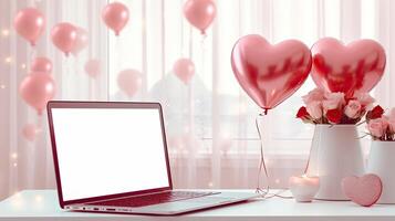 AI generated Laptop a white screen mock up on a table with a Valentine's day decor with heart-shaped balloons, petals and a bouquet of flowers. Online greetings, festive remote work, shopping. photo