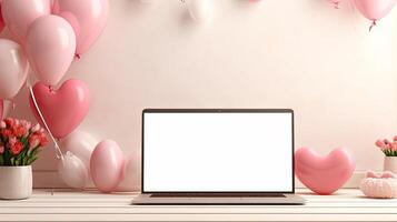 AI generated Laptop a white screen mock up on a table with a Valentine's day decor with heart-shaped balloons, petals and a bouquet of flowers. Online greetings, festive remote work, shopping. photo