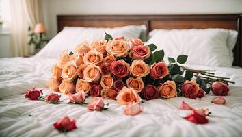 ai generado un ramo de flores de té rosas mentiras en un blanco cama en un brillante dormitorio. un regalo para tu amado, San Valentín día, cumpleaños, fecha. Copiar espacio. foto