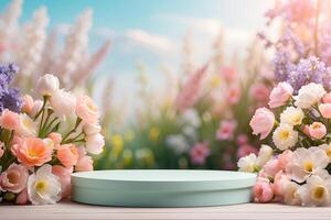 AI generated Podium for demonstration and montage of product with delicate floral spring decor. Spring time background, blooming, birthday, March 8, Easter, women's day, wedding. Copy space. photo