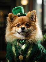 ai generado un jengibre perro de el alemán perro de Pomerania raza en un verde traje con trébol para el S t. patrick's día día festivo. ropa para pequeño razas de perros, fiesta. ai generado foto