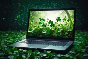 AI generated Laptop with a green clover on the monitor in a magical decor for St. Patrick's Day. Seasonal remote work, internet, a holiday card, shopping, Luck, green house. AI generated photo