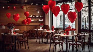 AI generated The tables in the cafe are decorated with red balloons in the shape of a heart for Valentine's Day. AI generated photo