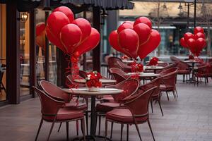 ai generado el mesas en el café son decorado con rojo globos en el forma de un corazón para San Valentín día. ai generado foto