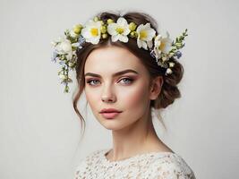 AI generated A young brunette woman with a hairstyle of spring flowers in her hair on a white solid background. Feminine beauty portrait, makeup, hairstyle, stylist, feminine energy photo