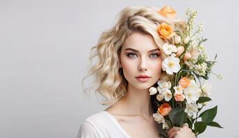 AI generated Young blonde woman with hairstyle of spring flowers in her hair on white solid background banner with copy space. Feminine beauty portrait, makeup, hairstyle photo