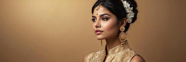 AI generated A young brunette Indian woman with a hairstyle of spring flowers in her hair on a solid background. Feminine beauty portrait, makeup, hairstyle, stylist, feminine energy photo