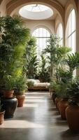 AI generated Interior of the living room of a green house, a winter garden, a glazed veranda in eco-style made of natural materials and many homemade potted plants in wicker flowerpot. AI Generated photo