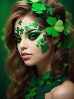 ai generado maquillaje y peinado de un joven mujer en verde con trébol hojas para S t. patrick's día. de cerca belleza retrato. ai generado foto