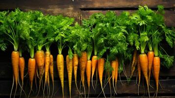 AI generated A ripe harvest of orange carrots in the garden with a ray of sunshine is the autumn harvest of a natural eco-friendly product from your garden. AI generated photo