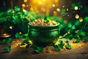 AI generated Background of green clover and gold dust for St. Patrick's Day. Patrick Day Banner. AI generated photo