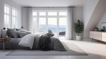AI generated Cozy interior of a modern bedroom in the style hygge - white and gray colors, cozy knitted bedspread, plaid, minimalism, potted plant. AI generated photo