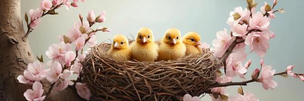 ai generado linda mullido amarillo polluelos en un primavera floreciente nido de leña menuda y flores en un sólido antecedentes. primavera tarjeta, primavera tiempo, niños, infancia. ai generado foto