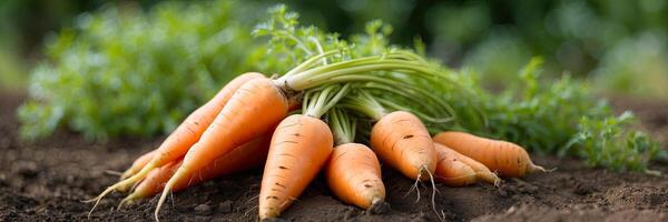 AI generated A ripe harvest of orange carrots in the garden with a ray of sunshine is the autumn harvest of a natural eco-friendly product from your garden. AI generated photo