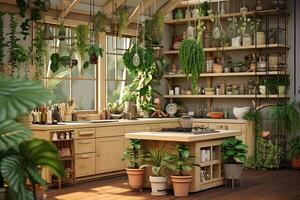 AI generated The interior of the loft-style kitchen with lots of green potted plants. Green house, modern kitchen. ai generated photo