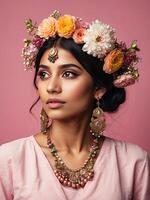 AI generated A young brunette Indian woman with a hairstyle of spring flowers in her hair on a solid background. Feminine beauty portrait, makeup, hairstyle, stylist, feminine energy photo