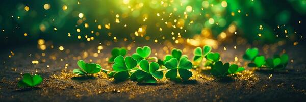 AI generated Background of green clover and gold dust for St. Patrick's Day. Patrick Day Banner. AI generated photo