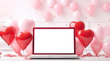 AI generated Laptop a white screen mock up on a table with a Valentine's day decor with heart-shaped balloons, petals and a bouquet of flowers. Online greetings, festive remote work, shopping. photo