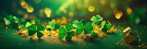 AI generated Background of green clover and gold dust for St. Patrick's Day. Patrick Day Banner. AI generated photo