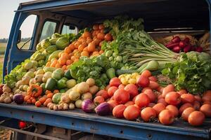 AI generated Old truck with an autumn harvest of vegetables and herbs on a plantation - a harvest festival, a roadside market selling natural eco-friendly farm products. AI generated photo