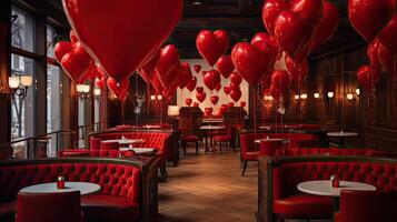 ai generado el mesas en el café son decorado con rojo globos en el forma de un corazón para San Valentín día. ai generado foto