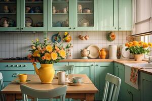 AI generated Spring interior of a modern kitchen with bouquets of flowers - spring time, spring mood. AI generated photo