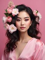 AI generated Young brunette asian woman with hairstyle of spring flowers in her hair on a pink solid background with copy space. Feminine beauty portrait, makeup, hairstyle, stylist, feminine energy. photo