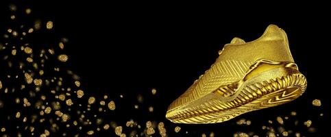 Banner golden sneaker with flying sparkles photo