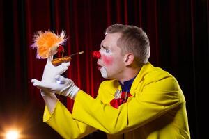 Circus clown performs number. A man in a clown outfit with a toy photo