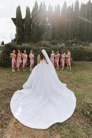 The bride and her bridesmaids turned their backs to the camera against the background of green trees. A long train on the dress. The girls are wearing identical dresses at the wedding. photo