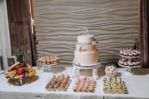 caramelo bar a un boda. delicioso postres hermosa decoraciones frutas dulce pasteles en tu día festivo. cumpleaños. dulce vida. foto