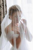 hermosa joven novia participación velo en blanco Boda vestido, retrato de morena novia en hotel habitación, Mañana antes de boda. foto