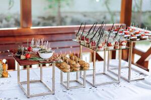 open-air buffet table, sandwiches on skewers before the start of the holiday against the background of flowering trees in the garden photo