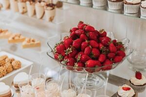 caramelo bar a un boda. delicioso postres hermosa decoraciones frutas dulce pasteles en tu día festivo. cumpleaños. dulce vida. foto