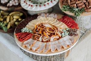 Meat and cheese snacks on the buffet. A buffet in a closed room, at a wedding celebration or birthday. Sandwiches on skewers before the start of the holiday. photo