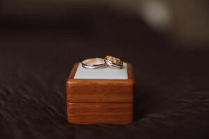 Two gold wedding rings for brides as a symbol of eternity. Everything is ready for the wedding ceremony. An offer of a hand and a heart photo