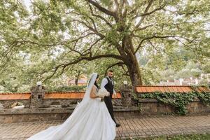 A handsome groom and an elegant bride in a lush white dress are walking in a summer park. Happy bride and groom getting ready for their best day. photo