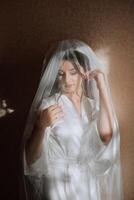 Beautiful bride in a dressing gown in the morning before the wedding ceremony. Incredible hairstyle of the bride. Natural and modern makeup. Portrait of a young bride in a dressing gown. photo