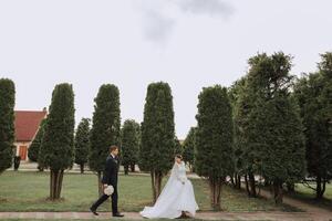 A handsome groom and an elegant bride in a lush white dress are walking in a summer park. Happy bride and groom getting ready for their best day. photo