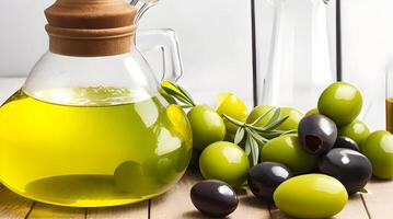 Golden Elixir Unveiled, A Culinary Work of Art with Glass Jug and Fragrant Olive Oil Bottle photo