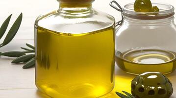 Golden Elixir Unveiled, A Culinary Work of Art with Glass Jug and Fragrant Olive Oil Bottle photo