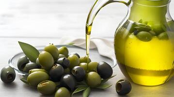 Golden Elixir Unveiled, A Culinary Work of Art with Glass Jug and Fragrant Olive Oil Bottle photo